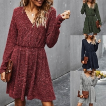 Fashion Long Sleeve V-neck High Waist Dress