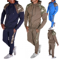 Fashion Camouflage Printed Spliced Long Sleeve Hooded Man's Sports Suit