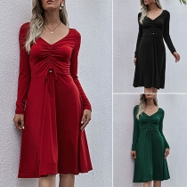Sexy V-neck Long Sleeve High Waist Solid Color Dress