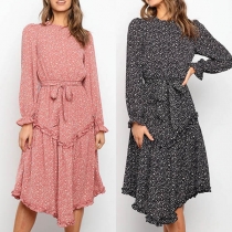 Fresh Style Long Sleeve Round Neck Printed Dress