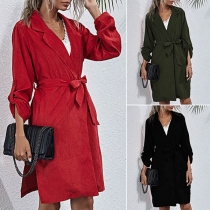 Fashion Solid Color Notched Lapel Windbreaker Coat