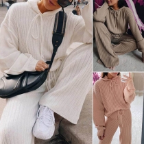 Fashion Solid Color Long Sleeve Hooded Knit Top + Pants Two-piece Set