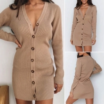 Sexy V-neck Long Sleeve Single-breasted Solid Color Knit Dress