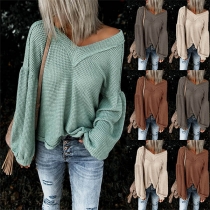 Fashion Solid Color Lantern Sleeve V-neck Knit Top