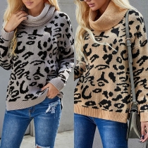 Fashion Leopard Printed Long Sleeve Turtleneck Knit Top