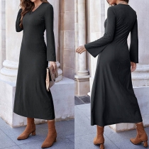 Simple Style Long Sleeve V-neck Solid Color Knit Dress