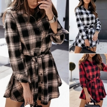 Fashion Long Sleeve POLO Collar Plaid Shirt Blouse