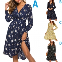 Fresh Style Long Sleeve V-neck High Waist Printed Dress