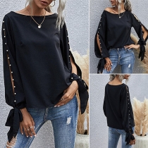 Sexy Slit Beaded Long Sleeve Round Neck Solid Color Top