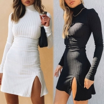 Sexy Slit Hem Long Sleeve Turtleneck Solid Color Slim Fit Dress