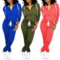 Fashion Solid Color Long Sleeve Hooded Sweatshirt Coat + Pants Two-piece Set(The size runs small)