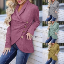 Fashion Solid Color Long Sleeve V-neck Irregular Hem Top