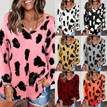 Casual Style Long Sleeve V-neck Leopard Printed T-shirt
