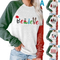 Fashion Contrast Color Long Sleeve Letters Printed T-shirt
