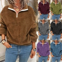 Fashion Solid Color Long Sleeve Stand Collar Plush Sweatshirt