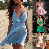 Sexy Backless Deep V-neck Solid Color Sling Dress