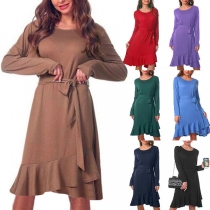 Fashion Solid Color Long Sleeve Round Neck Ruffle Hem Dress