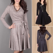 Fashion Solid Color Long Sleeve V-neck Dress with Waist Strap