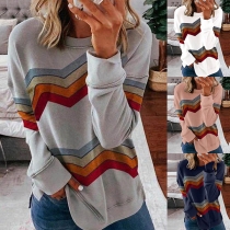 Fashion Contrast Color Striped Spliced Long Sleeve Round Neck T-shirt
