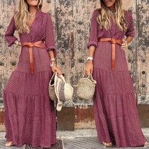 Bohemian Style Long Sleeve V-neck High Waist Dots Printed Dress