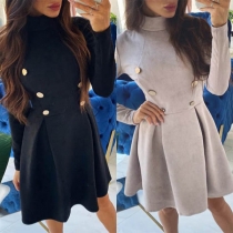 Elegant Solid Color Long Sleeve Mock Neck Double-breasted Dress