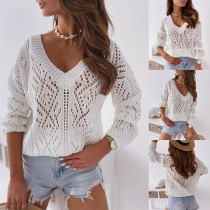 Fashion Solid Color Long Sleeve V-neck Hollow Out Knit Top