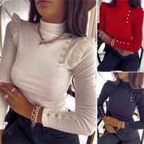 Fashion Solid Color Long Sleeve High Collar Ruffle Knit Top