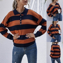 Fashion Contrast Color Long Sleeve POLO Collar Knit Top