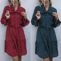 Sweet Style Long Sleeve Lace-up Bow-knot Collar Dots Printed Dress