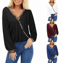 Fashion Leopard Spliced Long Sleeve V-neck T-shirt