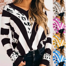 Fashion Contrast Color Printed Long Sleeve V-neck Knit Top