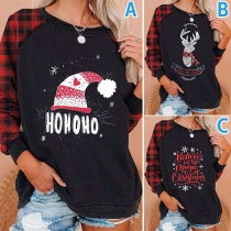 Fashion Plaid Spliced Long Sleeve Round Neck Christmas Printed T-shirt