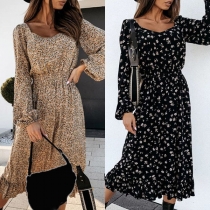 Fresh Style Long Sleeve Square Collar Ruffle Hem Printed Dress