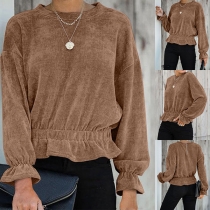 Fashion Solid Color Long Sleeve Round Neck Ruffle Hem Top