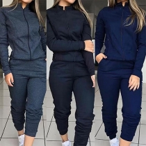 Fashion Long Sleeve Stand Collar Sweatshirt Coat + Pants Two-piece Set