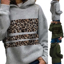 Fashion Leopard Printed Spliced Long Sleeve Hooded Sweatshirt