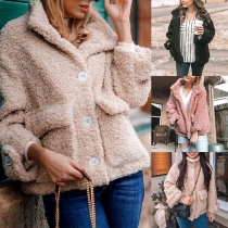 Fashion Solid Color Long Sleeve Stand Collar Plush Coat