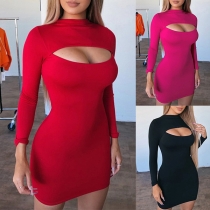 Sexy Hollow Out Long Sleeve Mock Neck Solid Color Slim Fit Dress