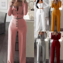 Fashion Solid Color Long Sleeve Crop Top + Pants Two-piece Set