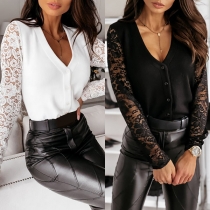 Sexy Lace Spliced Long Sleeve V-neck Solid Color T-shirt