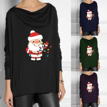 Cute Santa Claus Printed Long Sleeve Cowl Neck T-shirt
