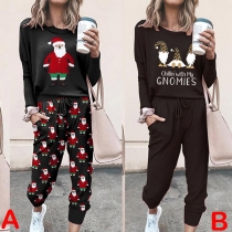 Cute Christmas Printed Long Sleeve T-shirt + Pants Two-piece Set
