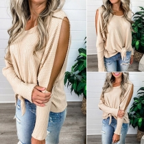 Chic Style Slit Long Sleeve Round Neck Solid Color T-shirt