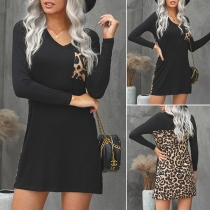 Fashion Leopard Spliced Long Sleeve V-neck Knee-length Dress
