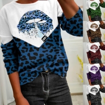 Fashion Leopard Printed Lip Pattern Long Sleeve Round Neck Shirt