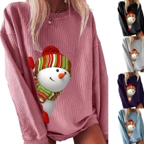 Cute Snowman Printed Long Sleeve Round Neck T-shirt
