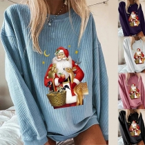 Cute Style Santa Claus Printed Long Sleeve Round Neck Loose T-shirt