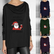 Cute Style Santa Claus Long Sleeve Cowl Neck High-low Hem T-shirt