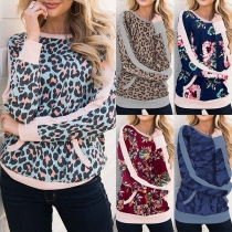 Fashion Long Sleeve Round Neck Contrast Color Printed T-shirt