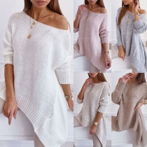 Chic Style Long Sleeve Boat Neck Slit Hem Solid Color Knit Top
